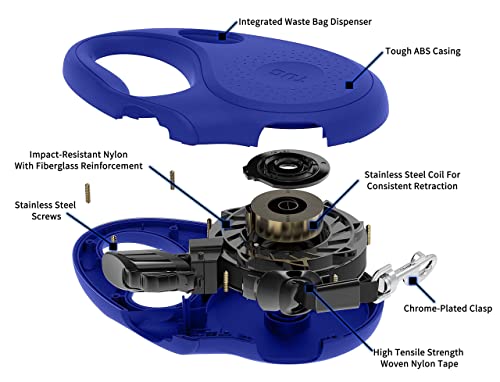 TUG Oval 360° Tangle-Free Retractable Dog Leash with Integrated Waste Bag Dispenser (Medium, Blue) - color: Blue, size: Medium