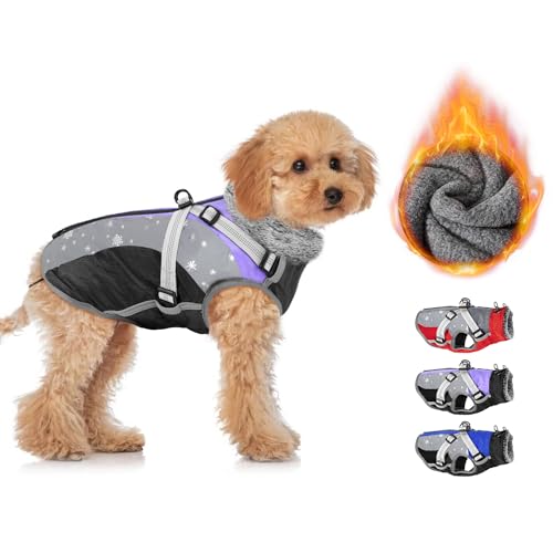 SlowTon Dog Jacket with Harness Built in - Waterproof Fleece Winter Warm Dog Coats for Small Medium Dogs, Reflective Adjustable Furry Puppy Vest Clothes for Outdoor Walking (PU, S) - color: Purple & Black, size: Small (Chest 15.0"-18.0")