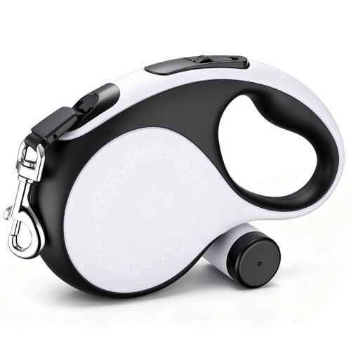 Segarty 26 Ft Walking Leash with Poop Bag Holder for Dogs Weighing 66 lbs - 110 lbs, 8m Retractable Heavy-Duty Leash 360°Tangle-Free with Anti-Slip Handle One-Handed Brake Pause Lock for Pet Outside - color: White-Black, size: 26ft(up to 110 lbs)