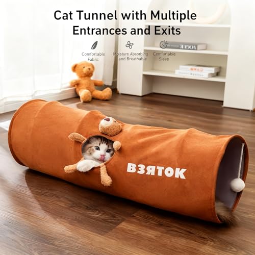 Cat Tunnel for Indoor Cat Tube Collapsible Cat Tunnel Bed with Hanging Ball,Play Tunnel for Kitten,Kitty,Puppy,Rabbit,Funny Interactive Cat Toy Gift for Cat Lover(Bear,31.5″x10″x10″) - size: M(31.5 x 10 x 10 Inch)