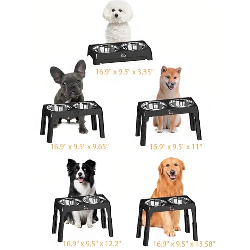 Elevated Dog Bowls Stand 5 Height Adjustable, Raised Dog Feeder with 2 Thick 50oz Stainless Steel Bowls, Non-Slip Pet Food Station for Medium & Large Breeds (Black)