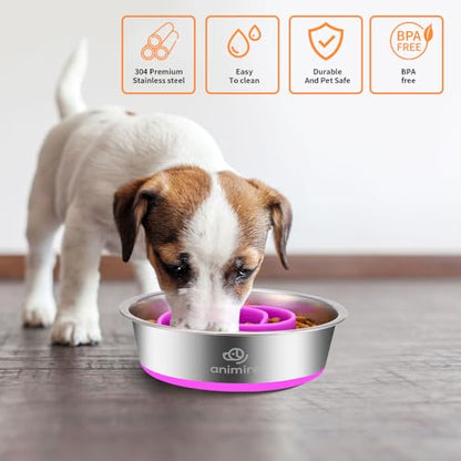 2-in-1 Metal Dog Bowl with Slow Feeder Insert, Stainless Steel Dog Bowls Food Grade 304, Water Food Bowl with Anti-Slip Silicone Base for Small & Medium Dogs(Purple, 3 Cups) - color: Purple, size: 2 Cups