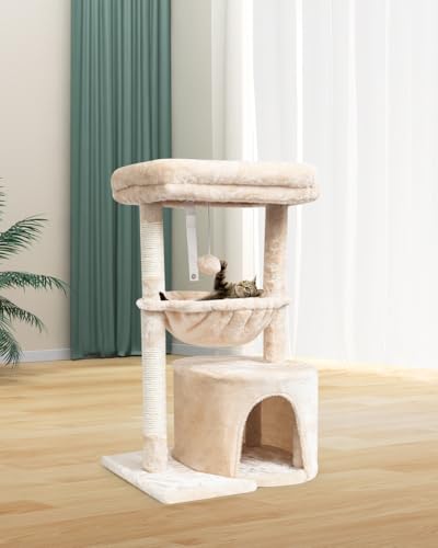 SYANDLVY Small Cat Tree for Indoor Cats, Kittens Condo with Scratching Post and Board, Modern Activity Tower with Cradle, Beige - color: Beige
