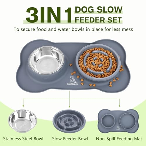 Pecute Slow Feeder Dog Bowls to Slow Down Eating, Dog Bowl Slow Feeder with No-Spill Non-Skid Silicone Mat, Food-Grade Safe Dog Food Bowls Slow Feeder, Stainless Steel Dog Water Bowl for Dogs Cats - size: Large-2 Cup/17 oz each