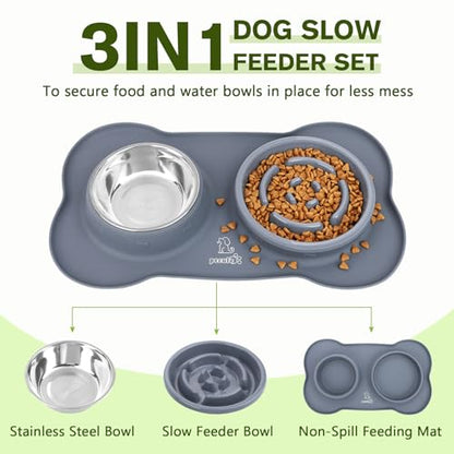 Pecute Slow Feeder Dog Bowls to Slow Down Eating, Dog Bowl Slow Feeder with No-Spill Non-Skid Silicone Mat, Food-Grade Safe Dog Food Bowls Slow Feeder, Stainless Steel Dog Water Bowl for Dogs Cats - size: Large-2 Cup/17 oz each