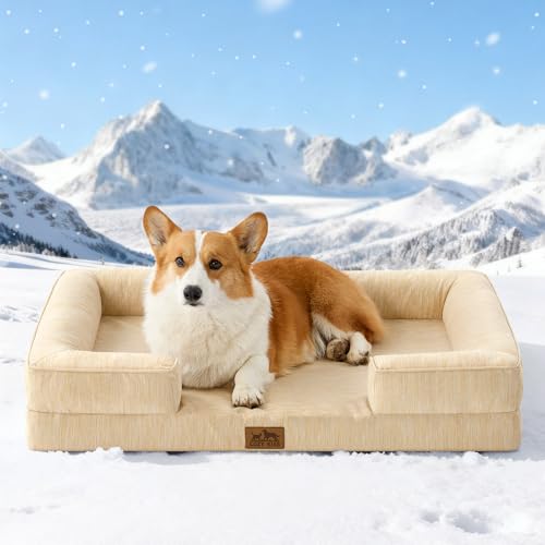 COZY KISS Cooling Dog Bed for Large Medium Size Dogs, Q-Max >0.4 Summer Cool Orthopedic Foam Pet Sofa Bed with Sides, Bolster Anti-Slip Couch with Washable Removable Cover, L 36x27x6.5 inch, Beige - color: Beige, size: 36x27x6.5 inch