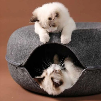 Cat Cave, Cat Tunnel Bed, Premium Cave Donut Tunnel Bed Set with Interactive Soft Cat Toys, Donut Design - Ideal Houses for Indoor (Grey) - color: Grey