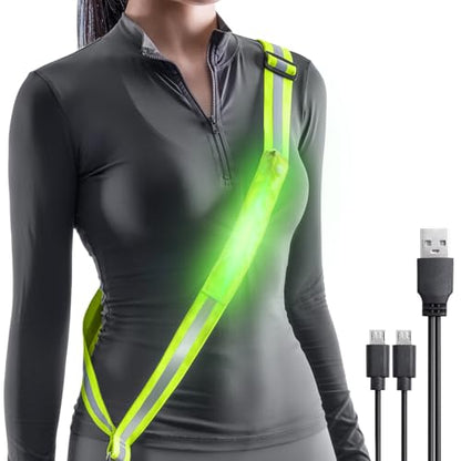 LED Belt Reflective Sash for Walking at Night, High Visibility Adjustable Night Running Safety Gear Rechargeable LED Light Up Running Belt Reflective Gear for Runners Walkers Men Women - color: green