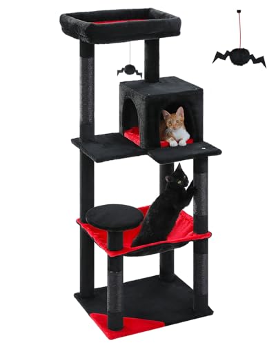 MUTTROS Gothic Cat Tree with Super Large Hammock, 56.3" Black Cat Tower with Coffin Bed, Cat Condo, Sisal Scratching Posts & Top Perch, Multi-Level Goth Cat Tree, Halloween, Black - color: Gothic Black, size: 56.3in