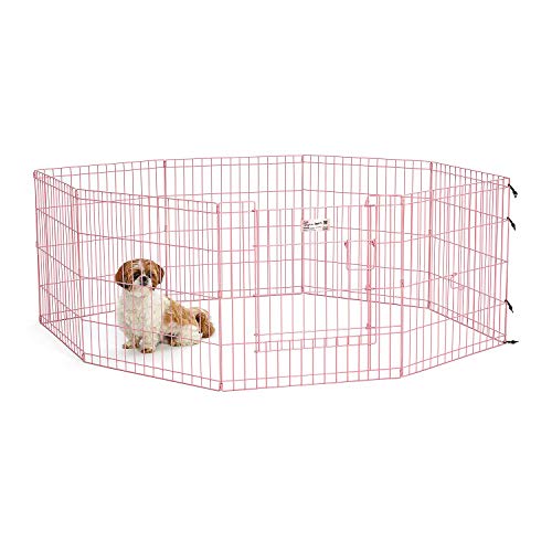 MidWest Homes for Pets 24-Inch Exercise Pen, for Indoor and Outdoor Use, 16 Sq Feet of Play, Single Door Folding Dog Pen, with Large Door Opening & Secure Latch, Easy to Set Up, Foldable Dog Playpen - color: Pink w/ Door, size: 24" H