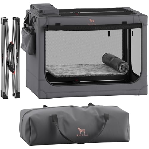 Noah & Paw Collapsible Dog Crate 30 Inches, Large Dog Crate for Large Medium Breeds, Travel Kennel for Car, Including Pet Mat for Pet Cage, 2 Storage Pockets, Handbag, 10mm Locking Zipper 30*21*21 - color: Grey, size: L