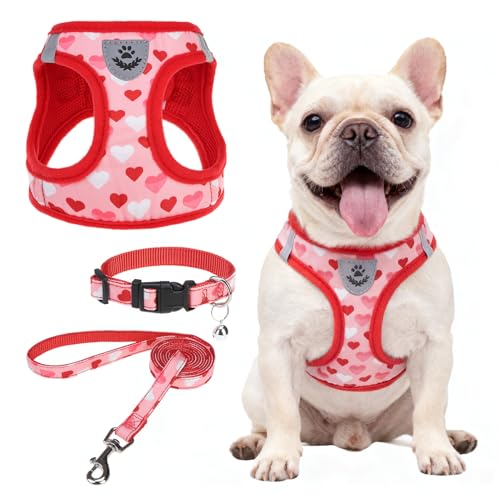 SCENEREAL Valentines Dog Harness Collar and Leash Set, Step in No Pull Soft Mesh Pet Harnesses for Small Medium Dogs Puppy Cats, No Chock Reflective Vest Harness - color: Pink Heart, size: M: Chest Girth: 16"-18"