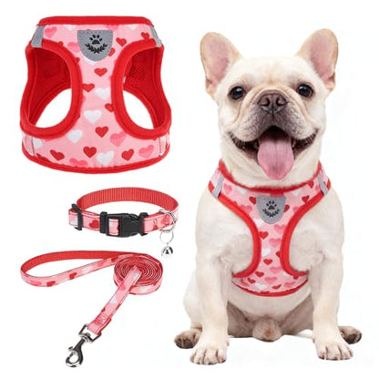 SCENEREAL Valentines Dog Harness Collar and Leash Set, Step in No Pull Soft Mesh Pet Harnesses for Small Medium Dogs Puppy Cats, No Chock Reflective Vest Harness - color: Pink Heart, size: M: Chest Girth: 16"-18"