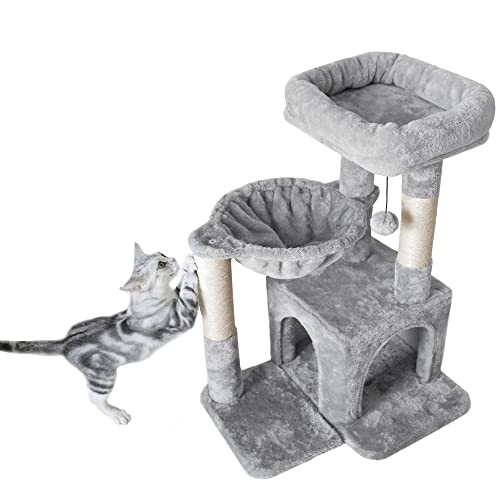 Pesofer Cat Tree, Small Cat Tower with Sisal Scratching Post and Hammock Light Gray - color: Light Gray