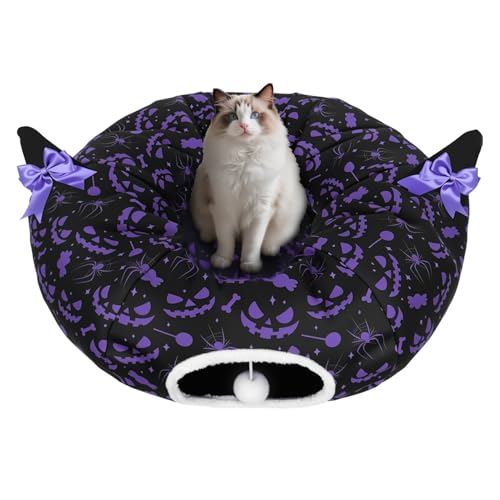 Tidjani Cat Tunnel Bed, Cat Tunnels for Indoor Cats, Foldable Cat Donut Bed with Washable Mat and Dangling Balls, Purple Bowknot, Ghost Spider Pattern Decor Pet Toys for Small Animals - style: Black Bow Ears