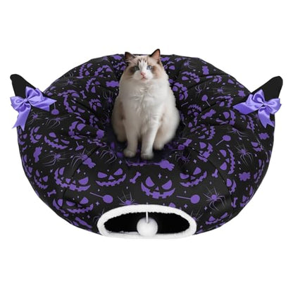Tidjani Cat Tunnel Bed, Cat Tunnels for Indoor Cats, Foldable Cat Donut Bed with Washable Mat and Dangling Balls, Purple Bowknot, Ghost Spider Pattern Decor Pet Toys for Small Animals - style: Black Bow Ears