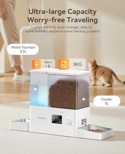 ROJECO Automatic Cat Feeder and Water Dispenser,36Cups/8.5L 2-in-1 Stainless Steel Bowls Large Capacity Cat Food Dispenser and Gravity Water Fountain for Cats Small Dogs Puppies Kittens Pets - color: White, size: 8.5L-Standard