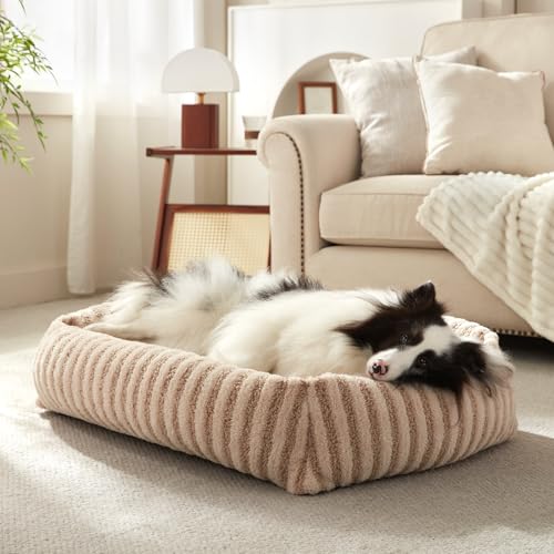 MIXJOY Dog Bed Medium Size Dog, Washable Medium Dogs Bed with Removable Cover, Soft Rectangle Doggy Ded Fluffy Plush Faux Fur Pet Bed with Anti-Slip Bottom, 30"x24"x8", Beige - color: Beige, size: M(30"Lx24"Wx8"Th)