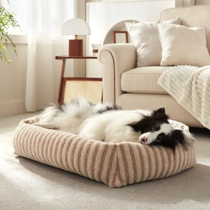MIXJOY Dog Bed Medium Size Dog, Washable Medium Dogs Bed with Removable Cover, Soft Rectangle Doggy Ded Fluffy Plush Faux Fur Pet Bed with Anti-Slip Bottom, 30"x24"x8", Beige - color: Beige, size: M(30"Lx24"Wx8"Th)