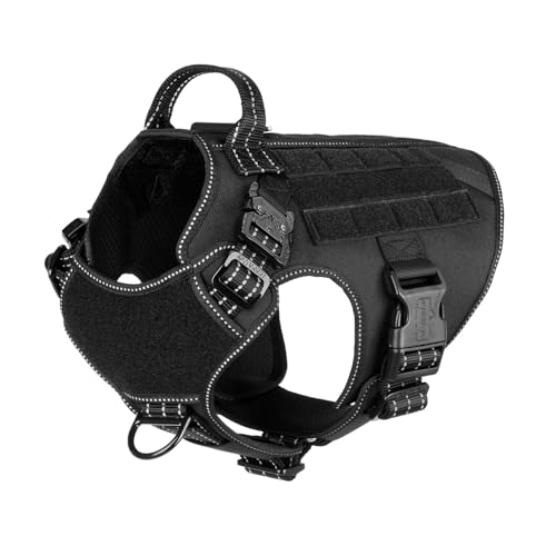 ICEFANG Tactical Dog Harness, Medium Size,2X Metal Buckle,Working Dog MOLLE Vest with Handle,No Pulling Front Leash Clip,Hook and Loop Panel (Black,M (Pack of 1)) - color: Black, size: Medium (Pack of 1)
