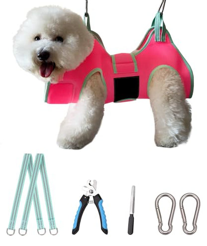 Kkiimatt Dog Grooming Hammock, Small Dog Hammock for Nail Trim, Hanging Harness for Claw Care,Grooming Sling Holder Hanger with Thick Fabric Neck Support Wide Strap Restraint - color: Small 14-30LB/Pink