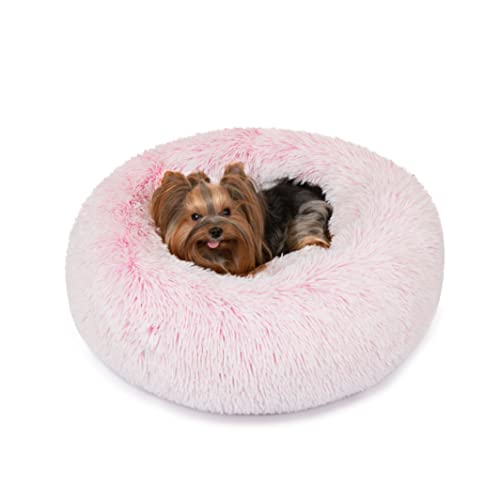 Friends Forever Donut Dog Bed Faux Fur Fluffy Calming Sofa For Small Dogs, Soft & Plush Anti Anxiety Pet Couch For Dogs, Machine Washable Coco Pet Bed with Non-Slip Bottom, 23"x23"x6" Pink - color: Pink, size: Small (23"x23"x6"), style: Donut