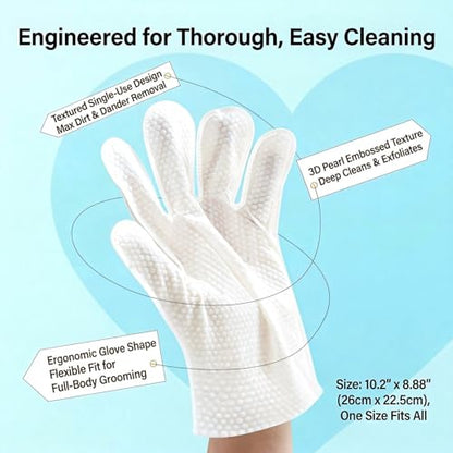Pet Glove Wipes, No Rinse Deodorizing Mittens for Sphynx, Devon Rex, Cats & Dogs, Thickened Hypoallergenic with Aloe Vera, Unscented Full Body Grooming, Daily Care & Travel, 12 Count
