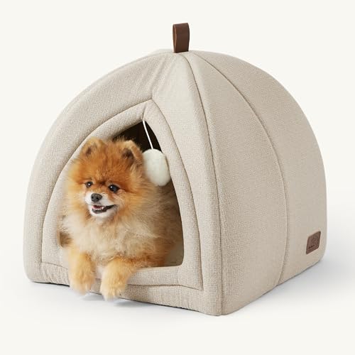 Bedsure Cat Beds for Indoor Cats - 2 in 1 Cat Cave House Tent for Kittens and Small Pets with Removable Washable Cushioned Pillow, Foldable Kitten Hideaway with Non-Slip Bottom, Beige, 17.3 inches - color: Beige, size: L(17.3x17.3x17.3)