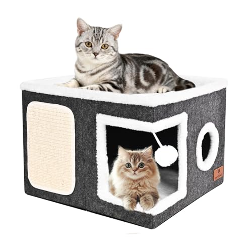 Felt Cat Cave Beds for Indoor Cats, Foldable Cat Hideaway with Scratch Pad and Fluffy Ball, Large Covered Cat House with Reversible Cushion for Multi Small Pet - color: Grey Felt, size: Single