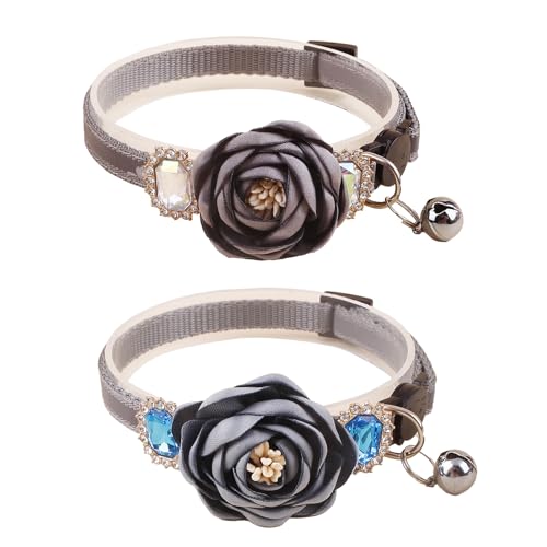 2 Pack Cat Collar Pink Floral with Bell and Removable Flower Bowtie Breakaway Adjustable Cat Collar for Girl Kitten Puppy Small Cats Dogs Daily Decoration (XQ9-4) (XQ9-2) - color: XQ9-2