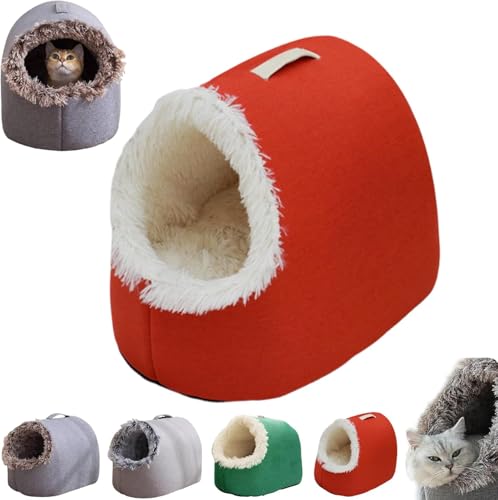 Winter Warm Pet Cave Bed, Cozy Cat Tent for Indoor Cats & Small Dogs, Calming Plush Anti-Anxiety Cuddler Beds, Enclosed Hooded, Anti-Slip Hideout House, Portable Washable Pet Nest (Red ﻿, M) - color: Red ﻿, size: M