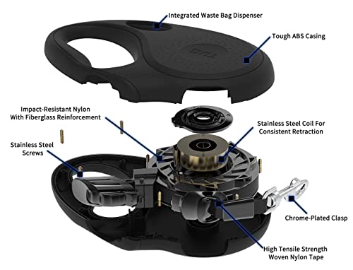 TUG Oval 360° Tangle-Free Retractable Dog Leash with Integrated Waste Bag Dispenser (Large, Black) - color: Black, size: Large