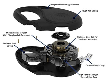 TUG Oval 360° Tangle-Free Retractable Dog Leash with Integrated Waste Bag Dispenser (Large, Black) - color: Black, size: Large