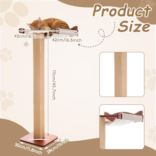 Sintuff Cat Window Perch with Scratching Post Climbing Tree Hammock Mounted with Suction Cups 46 Inch Tall Adjustable Narrow Cat Tree Climbing Pole for Playing Sleeping Watching Birds(Square)