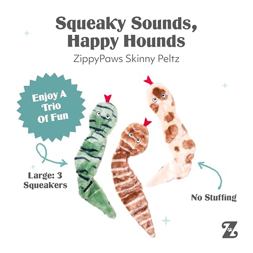 ZippyPaws Skinny Peltz - No Stuffing Dog Toy Pack to Keep Them Busy, for Medium and Large Dogs, Squeaky Pet Toys, Unstuffed Chew Toys, Soft Plush Variety Pack, Desert Snakes - 18" - style: Desert Snakes - Large (3-pack)
