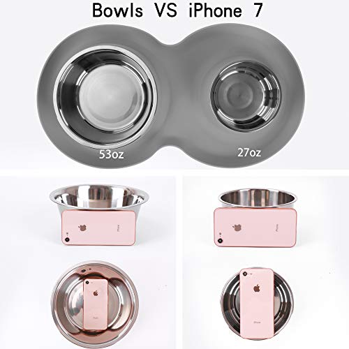 100% Waterproof BPA Free Pet Dog Bowls2 Stainless Steel（53oz+27oz） with 1.35“ Raised Edge Silicone Mat + Slow Feed Dog Water and Food Bowls for Feeding Small Large Dogs Cats Puppies (Gray) - color: Gray