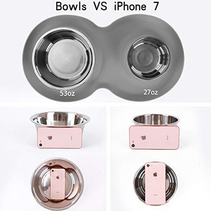 100% Waterproof BPA Free Pet Dog Bowls2 Stainless Steel（53oz+27oz） with 1.35“ Raised Edge Silicone Mat + Slow Feed Dog Water and Food Bowls for Feeding Small Large Dogs Cats Puppies (Gray) - color: Gray