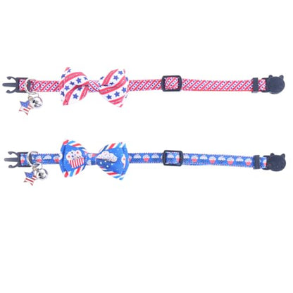 American Flag Cat Collar with Bell Bow Tie Star Breakaway Adjustable for 4th of July Independence Day - color: 2PCS-3