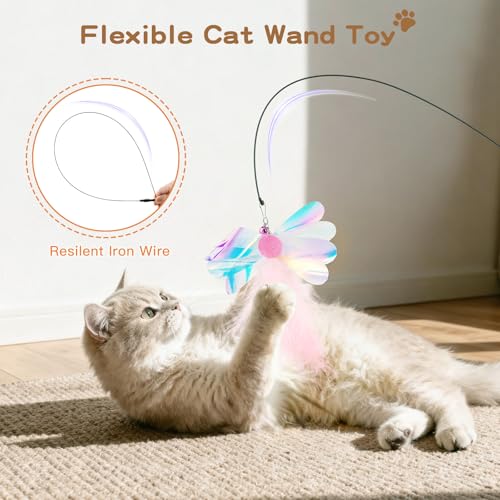 Pawaboo Feather Teaser Cat Toy, Interactive Feather Wands Cats Toy Flying Feathers Cat Catcher with Extra Long 34.5" Wand and Small Bell, Exerciser Playing Toys, 1 Wand + 6 Feathers, Colorful - color: Z-Colorful