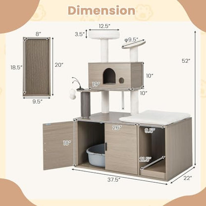 Tangkula Cat Tree with Litter Box Enclosure, Cat Tower with Litter Box, Cat Condo, Scratching Board, Soft Plush Perch, Dangling Balls, Groomer, Modern Hidden Litter Box Furniture for Indoor Cats