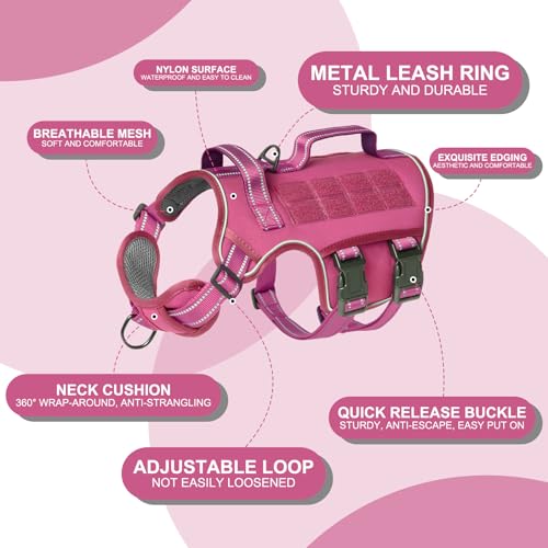 Tactical Dog Harness Medium Sized, Heavy Duty No Pull Dog Harness with Handle, Easy On and Off Service Dog Vest with Molle System, Reflective Pet Vest for Walking Hiking Training - color: Pink, size: M(Neck:17-23",Chest:22-32"),35-50 lbs