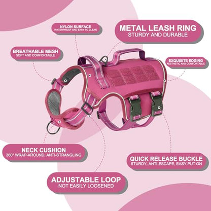 Tactical Dog Harness Medium Sized, Heavy Duty No Pull Dog Harness with Handle, Easy On and Off Service Dog Vest with Molle System, Reflective Pet Vest for Walking Hiking Training - color: Pink, size: M(Neck:17-23",Chest:22-32"),35-50 lbs