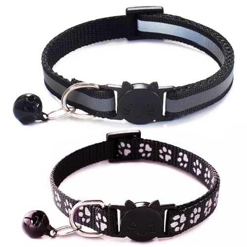 Black Reflective Cat Collar with Bells, [2 Pack] Break Away Kitten Collar with Bells, Breakaway Cat Collar for Boy Cats Kitty - color: Black