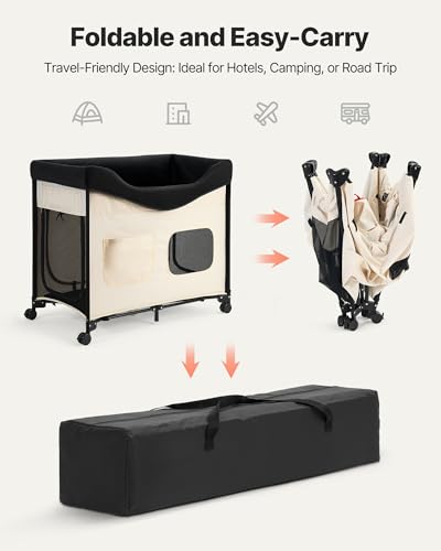 VEVOR Bedside Lounge Pet Bed, Foldable Bunk Dog Bed with 600D Oxford Cloth and Dutch Velvet, Portable Raised Cot with Wheels, Side Storage Bags, and Carry Bag for Cats & Dogs, L, Beige - size: L