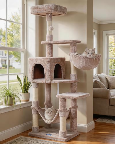 Hey-brother Cat Tree with Large Hammock, Multi-Level Cat Tower for Indoor Cats, Cat Condo with Sisal-Covered Scratching Posts and Top Perch, Muchroom MPJ050MU - color: Muchroom