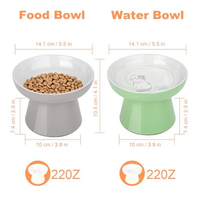 Elevated Cat Bowls,2 Pcs Ceramic Raised Cat Food Bowls with Non-Slip Base,Whisker-Friendly Shallow Design,Lead & Cadmium Free Pet Feeder,Dishwasher and Microwave Safe (Green&Light-Grey) - color: Green&Light-Gray