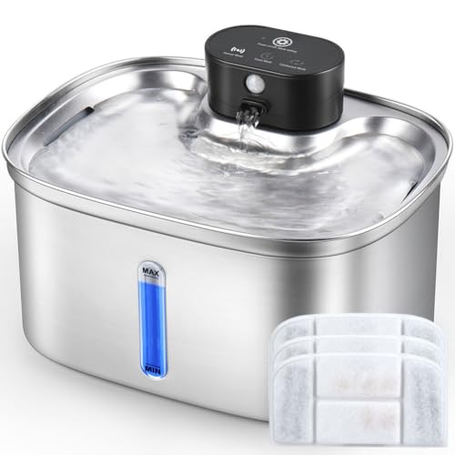 BOORCA Wireless Cat Water Fountain Stainless Steel, 169oz/5L Cordless Smart Pet Water Fountain with 5000mAh Battery & Ultra Quiet Pump, Automatic Pet Water Dispenser for Cats & Dogs, 3 Filters