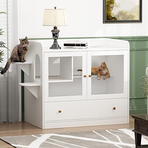 Extra Large Cat Litter Box Enclosure Furniture Hidden, Cat Condo Cabinet Pet House with Stairs for 2, Nightstand Side Table with a Drawer for Living Room, White - color: White