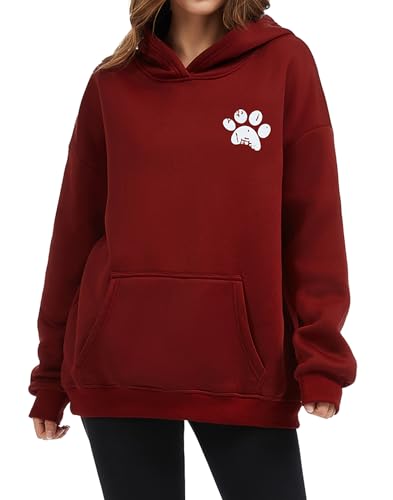 Womens Dog Paw Hoodie-Long Sleeve Pullover Fleece Lined Dog Mom Sweatshirts with Pocket - color: B-dark Red, size: Small