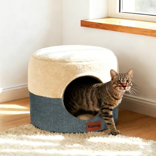 2-in-1 Cat Cave Bed & Lounger with Reversible Plush Cushion, Cat Bed for Indoor Cats, Foldable Anti-Slip Cat House - Calming Cozy Hideaway for Kitten &Small Cats with Anxiety Relief, 15.7in - color: Oxford Grey/Khaki, size: S-15.7"Lx15.7"Wx12.9"H